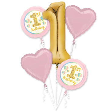 Girl 1st Birthday Pink & Gold Balloon Bouquet 5pcs Balloons & Streamers - Party Centre