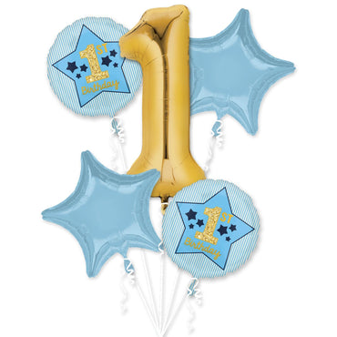 Boy 1st Birthday Bue & Gold Balloon Bouquet 5pcs Balloons & Streamers - Party Centre