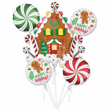 Gingerbread House & Holiday Cookies Balloon Bouquet 5pcs Balloons & Streamers - Party Centre