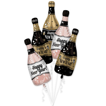 Happy New Year Bubbly Bottles Balloon Bouquet 5pcs Balloons & Streamers - Party Centre