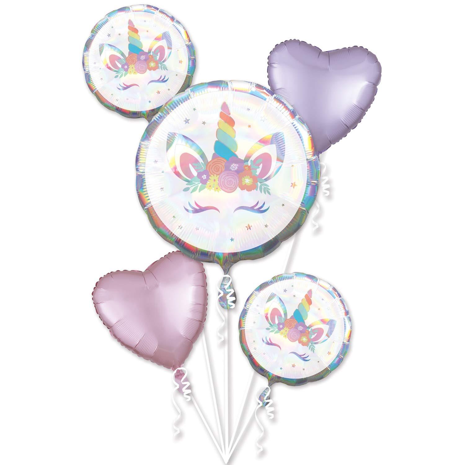 Unicorn Party Iridescent Balloon Bouquet, 5pcs Balloons & Streamers - Party Centre