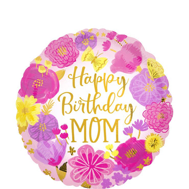 Happy Birthday Mom Painted Flowers Foil Balloon 45cm Balloons & Streamers - Party Centre