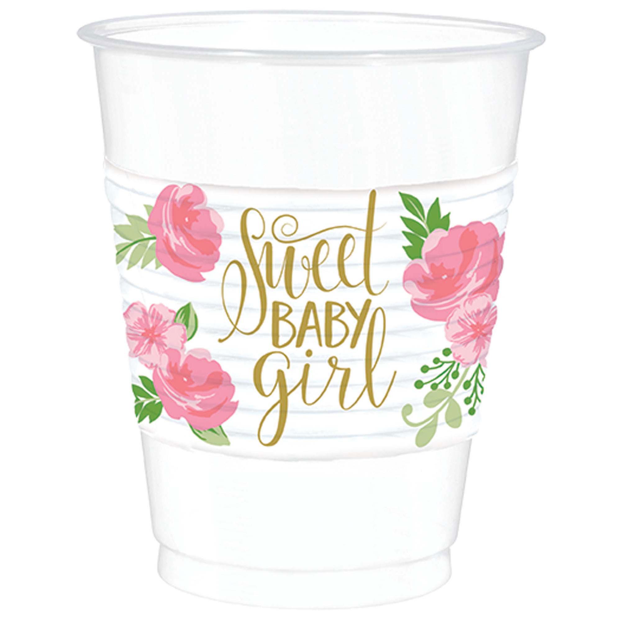 Floral Baby Girl Plastic Cups 16oz, 25pcs Solid Tableware - Party Centre