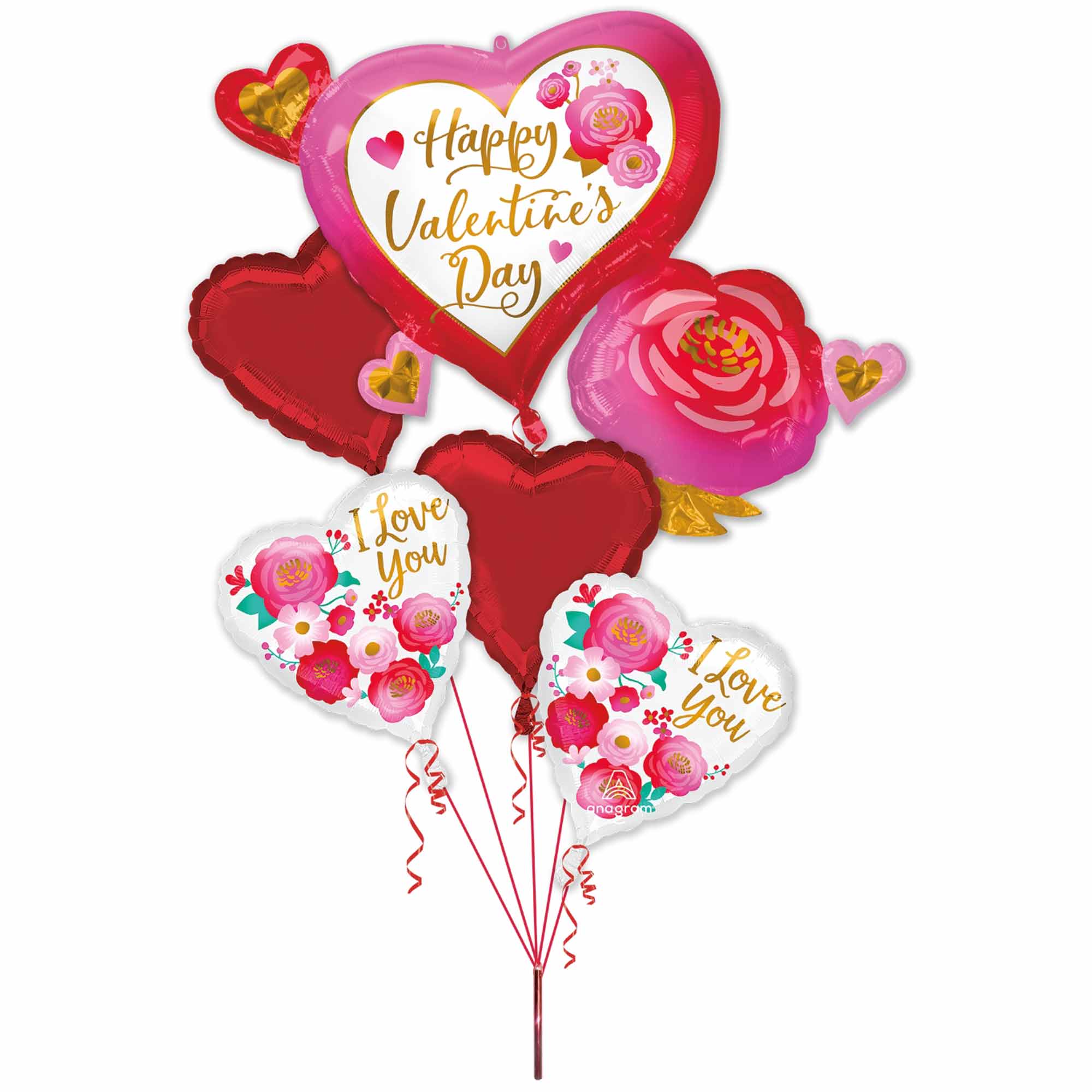 Happy Valentines Day Heart & Rose Balloon Bouquet 5pcs Balloons & Streamers - Party Centre