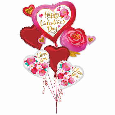 Happy Valentines Day Heart & Rose Balloon Bouquet 5pcs Balloons & Streamers - Party Centre