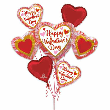 Happy Valentines Day Marble Heart Trio Balloon Bouquet 5pcs Balloons & Streamers - Party Centre