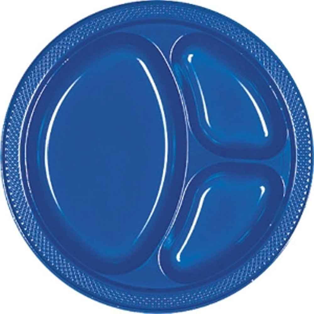 Marine Blue Divided Plastic Plates 10.25in, 20pcs Solid Tableware - Party Centre