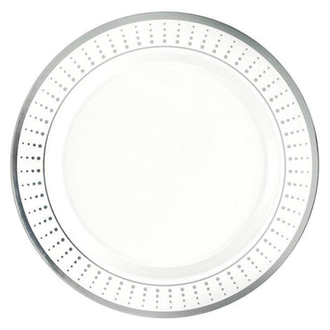 Premium Radiating Dots Silver Border Plastic Plates 10in 20pcs