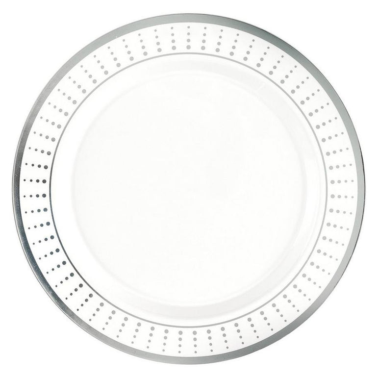 Premium Radiating Dots Silver Border Plastic Plates 10in 20pcs