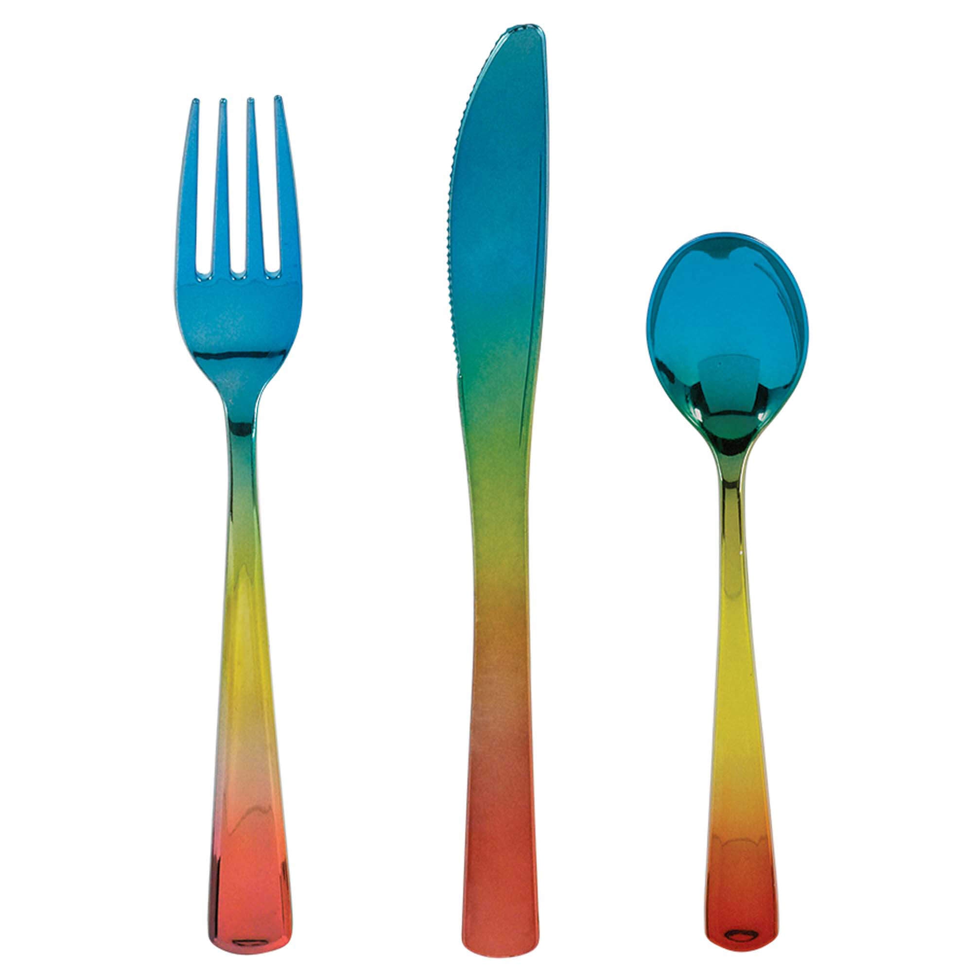 Rainbow Confetti Iridescent Plastic Cutlery 24pcs Solid Tableware - Party Centre