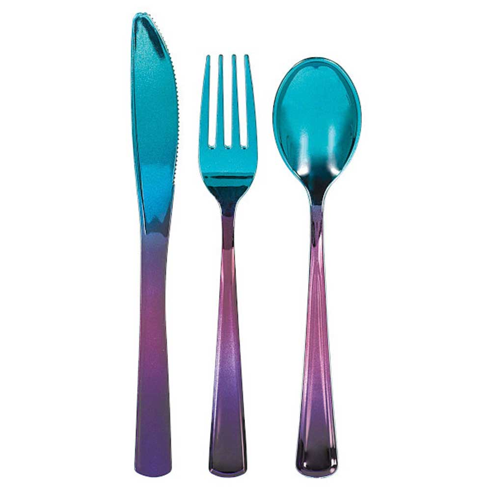 Sparkling Sapphire Plastic Assorted Cutlery 24pcs Printed Tableware - Party Centre