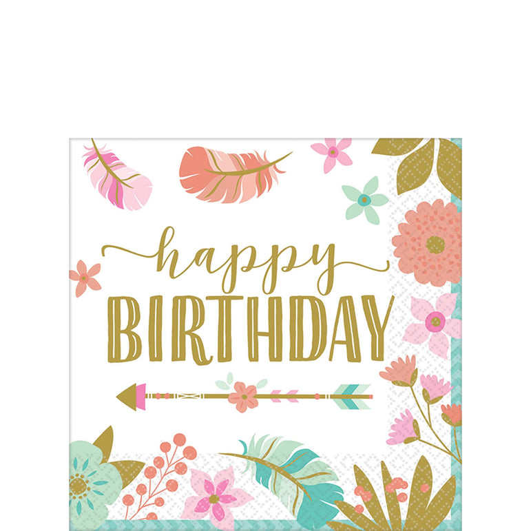 Boho Birthday Girl Beverage Tissues 16pcs Printed Tableware - Party Centre