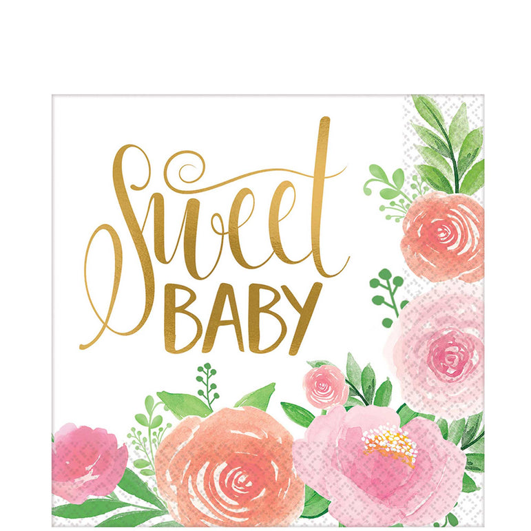 Floral Baby Girl Lunch Tissues 16pcs Printed Tableware - Party Centre