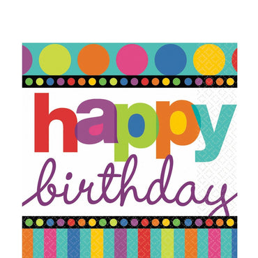 Happy Birthday Dots & Stripes Lunch Tissues 16pcs Printed Tableware - Party Centre