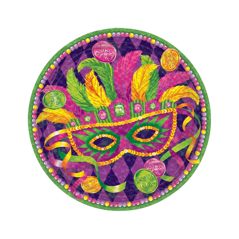 Masquerade Mardi Gras Plates 7in, 8pcs Printed Tableware - Party Centre