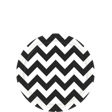 Jet Black Chevron Round Party Paper Plates 7in 8pcs Printed Tableware - Party Centre