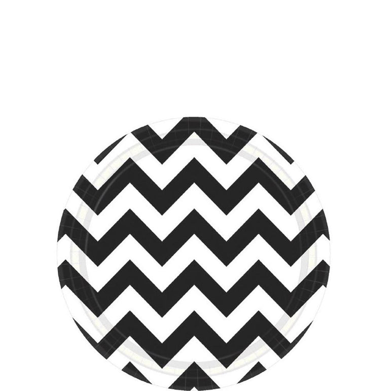 Jet Black Chevron Round Party Paper Plates 7in 8pcs Printed Tableware - Party Centre