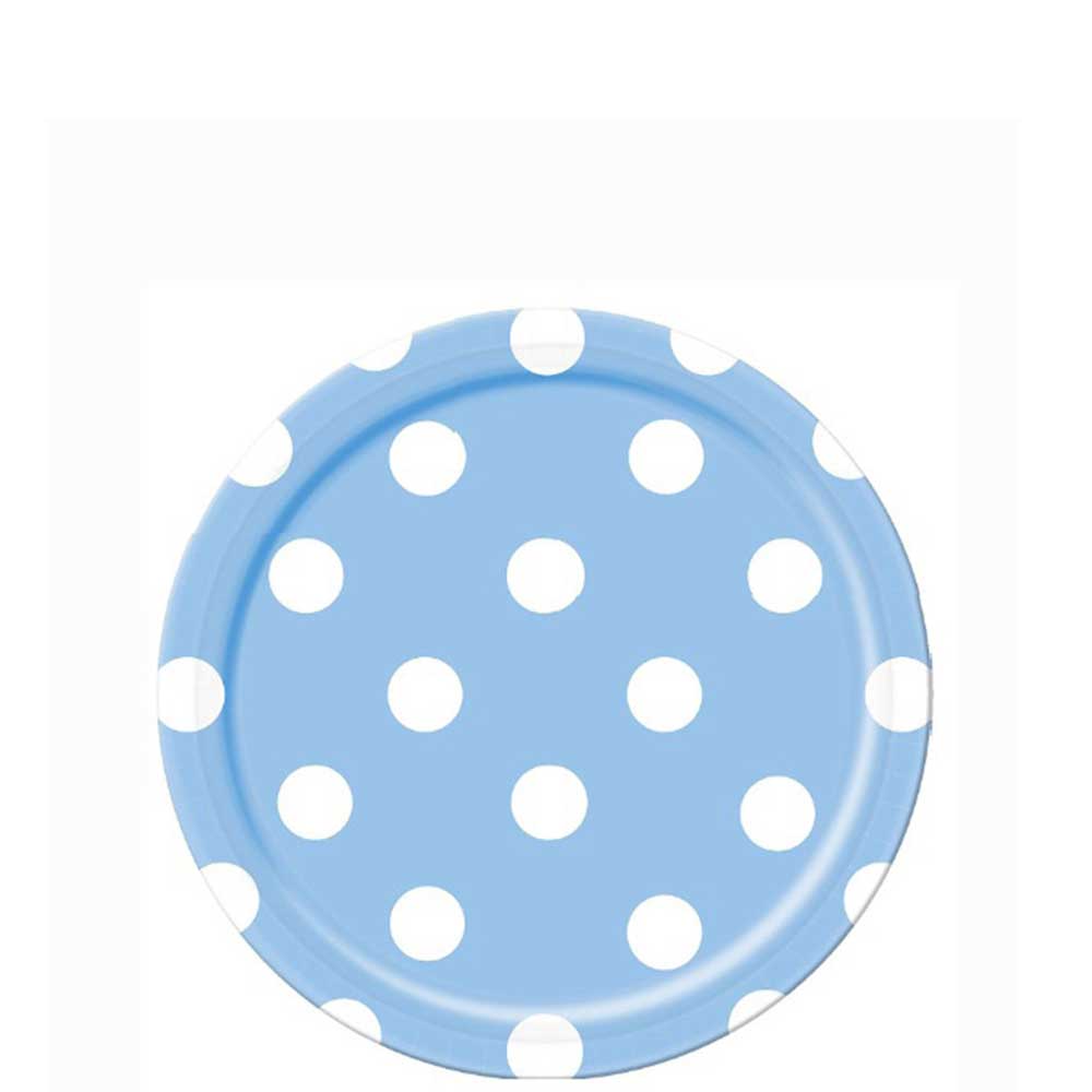 Pastel Blue Dots Round Party Paper Plates 7in 8pcs Printed Tableware - Party Centre