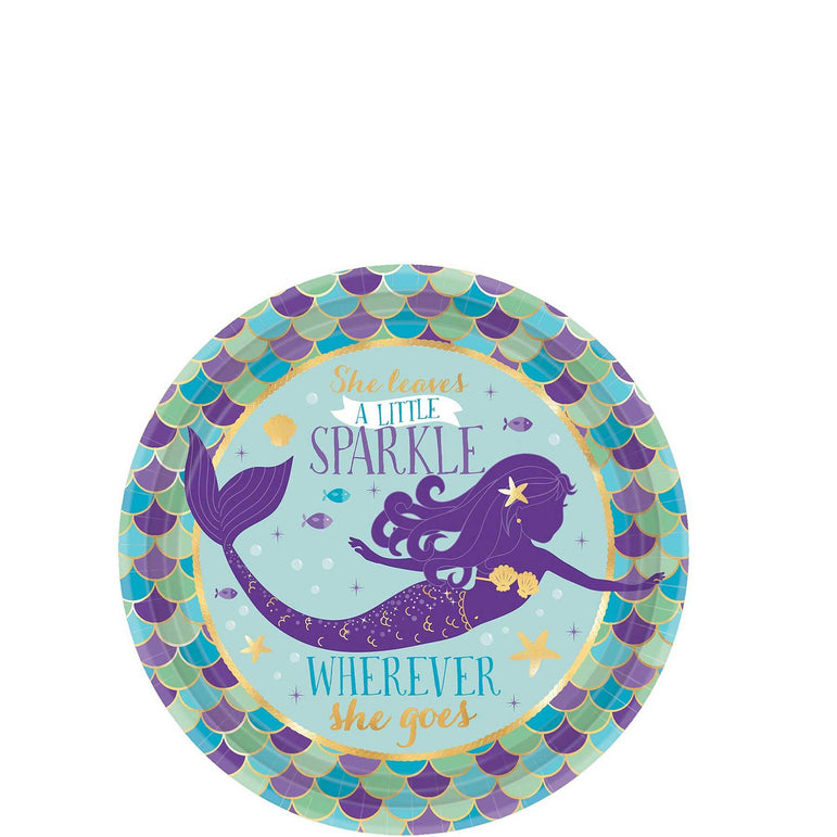 Mermaid Wishes Round Metallic Paper Plates 7in, 8pcs Printed Tableware - Party Centre