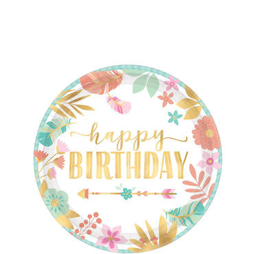 Boho Birthday Girl Metallic Paper Plates 7in, 8pcs Printed Tableware - Party Centre