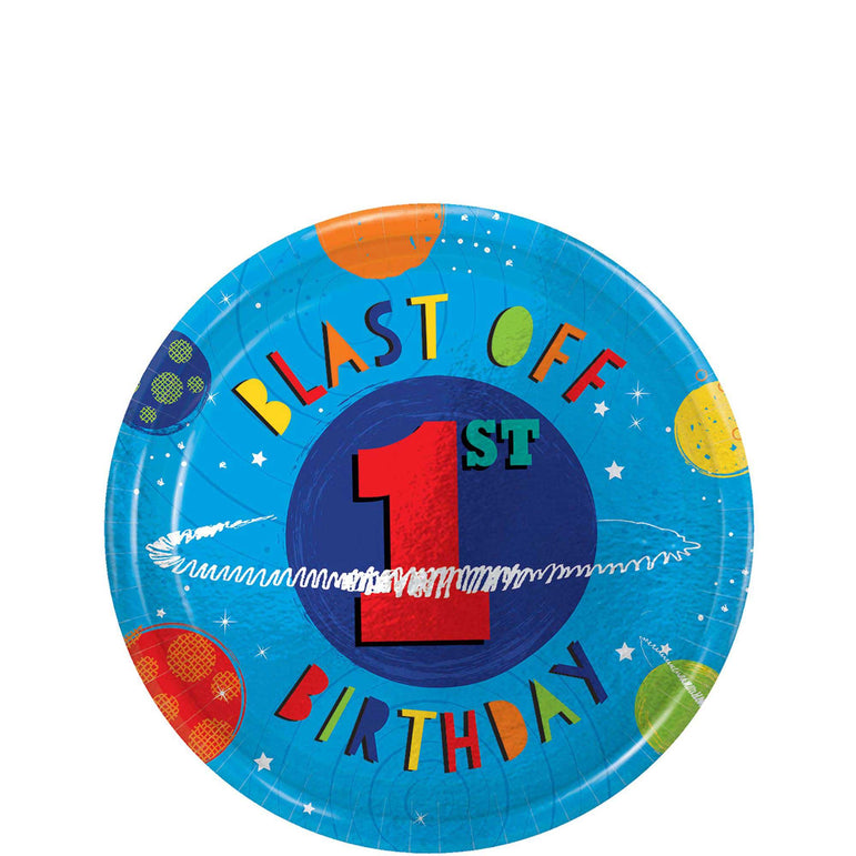 Blast Off Birthday Metallic Plates 7in, 8pcs Printed Tableware - Party Centre