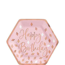 Blush Birthday Metallic Hexagon Paper Plates 7in, 8pcs