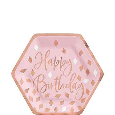 Blush Birthday Metallic Hexagon Paper Plates 7in, 8pcs