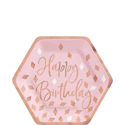 Blush Birthday Metallic Hexagon Paper Plates 7in, 8pcs