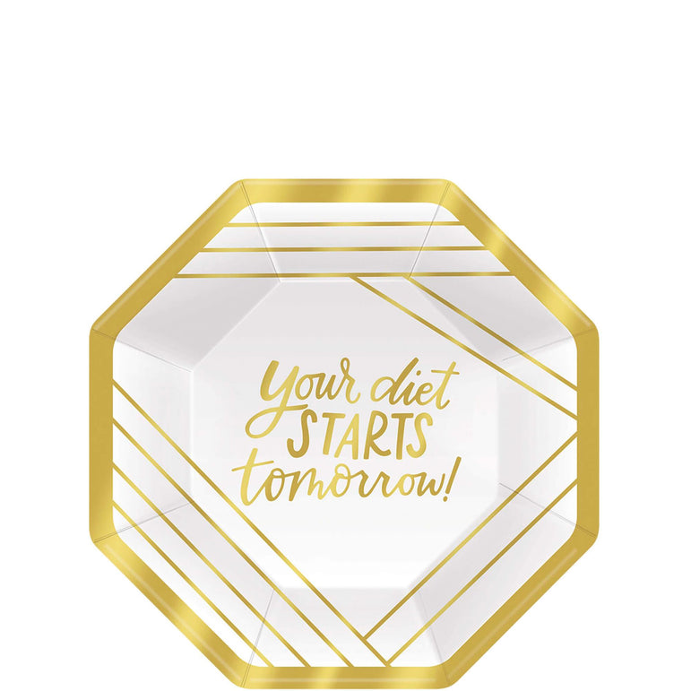 Cocktail Party Octogonal Metallic Plates 7in, 8pcs Printed Tableware - Party Centre