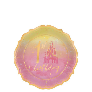 1st Birthday Princess Metallic Shaped Paper Plates 7in, 8pcs Solid Tableware - Party Centre