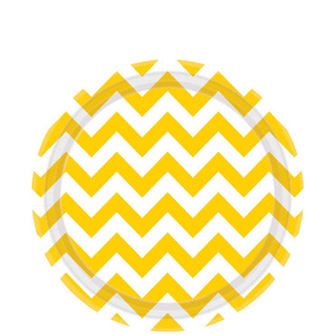 Yellow Sunshine Chevron Round Party Paper Plates 9in 8pcs Printed Tableware - Party Centre