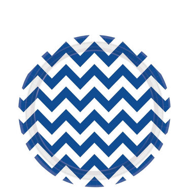 Bright Royal Blue Chevron Round Party Paper Plates 9in 8pcs Printed Tableware - Party Centre