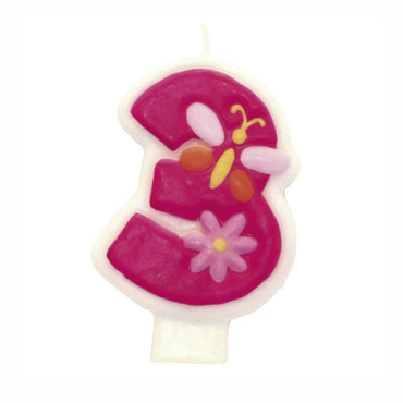 Pink Flower Number 3 Candle Party Accessories - Party Centre