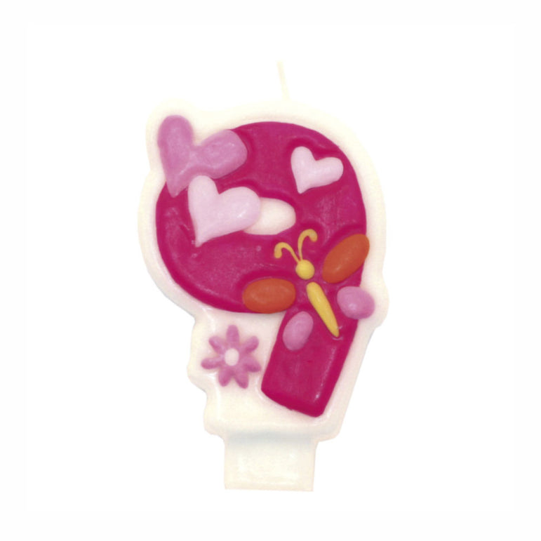 Pink Flower Number 9 Candle Party Accessories - Party Centre