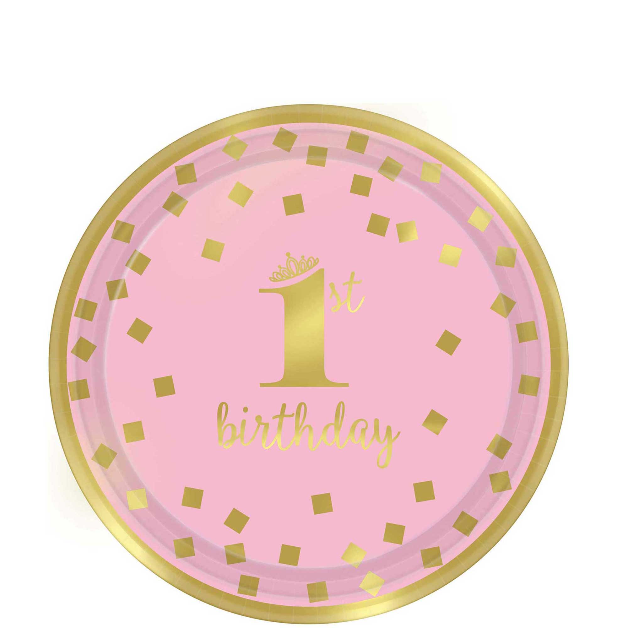 1st Birthday Girl - Gold Metallic Paper Plates 9in, 8pcs Printed Tableware - Party Centre