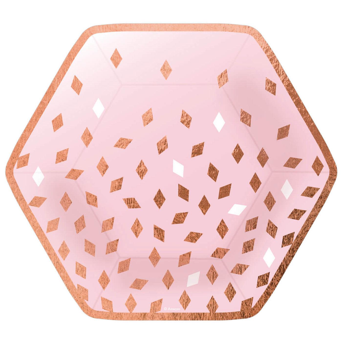 Rose Gold Birthday Hexagonal Paper Plates 9in, 8pcs Printed Tableware - Party Centre