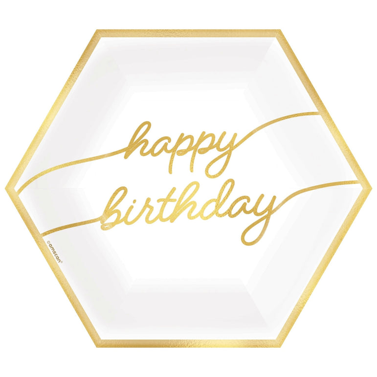 Golden Age Birthday Hexagon Metallic Plates 9in, 8pcs