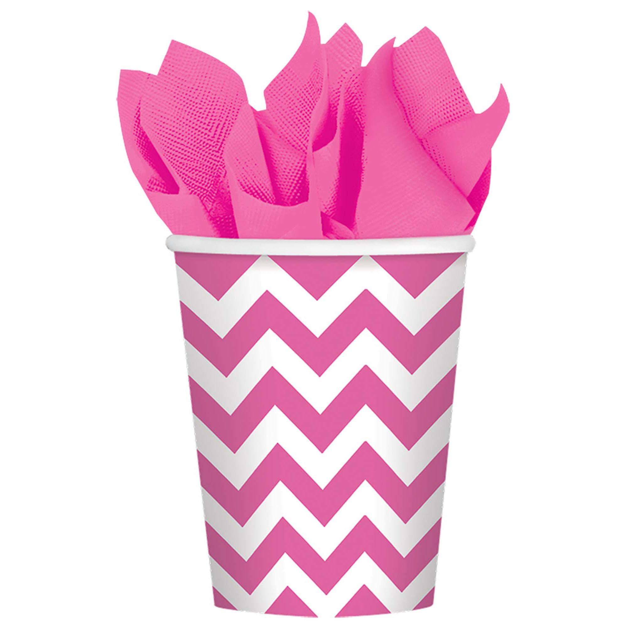 Bright Pink Chevron Paper Cups 9oz 8pcs Printed Tableware - Party Centre