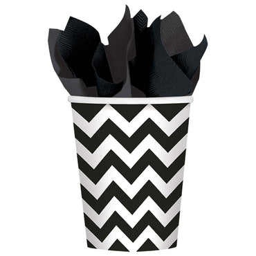 Jet Black Chevron Party Paper Cups 9oz 8pcs Printed Tableware - Party Centre