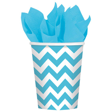 Caribbean Blue Chevron Paper Cups 9oz 8pcs Printed Tableware - Party Centre