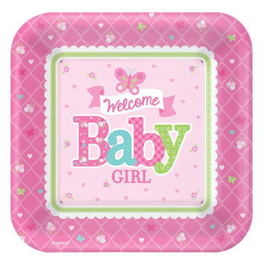 Welcome Little One Baby Girl Square Plates 10in, 8pcs Printed Tableware - Party Centre