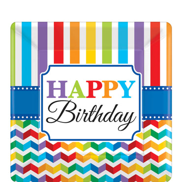 Bright Birthday Square Paper Plates 10in, 8pcs Printed Tableware - Party Centre