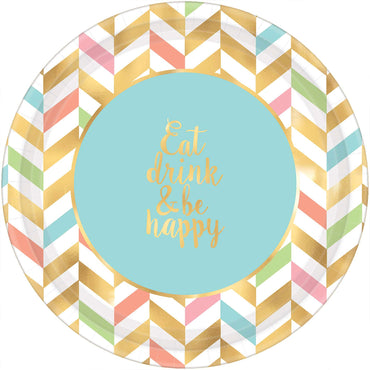 Eat, Drink & Be Happy Paper Plates 10.50in, 8pcs Printed Tableware - Party Centre