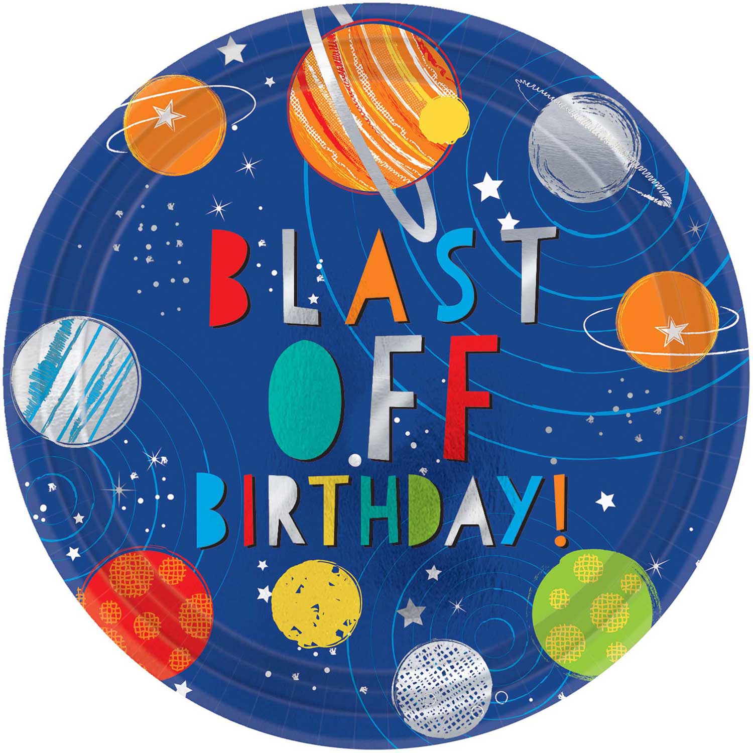 Blast Off Birthday Metallic Paper Plates 10.5in, 8pcs Printed Tableware - Party Centre
