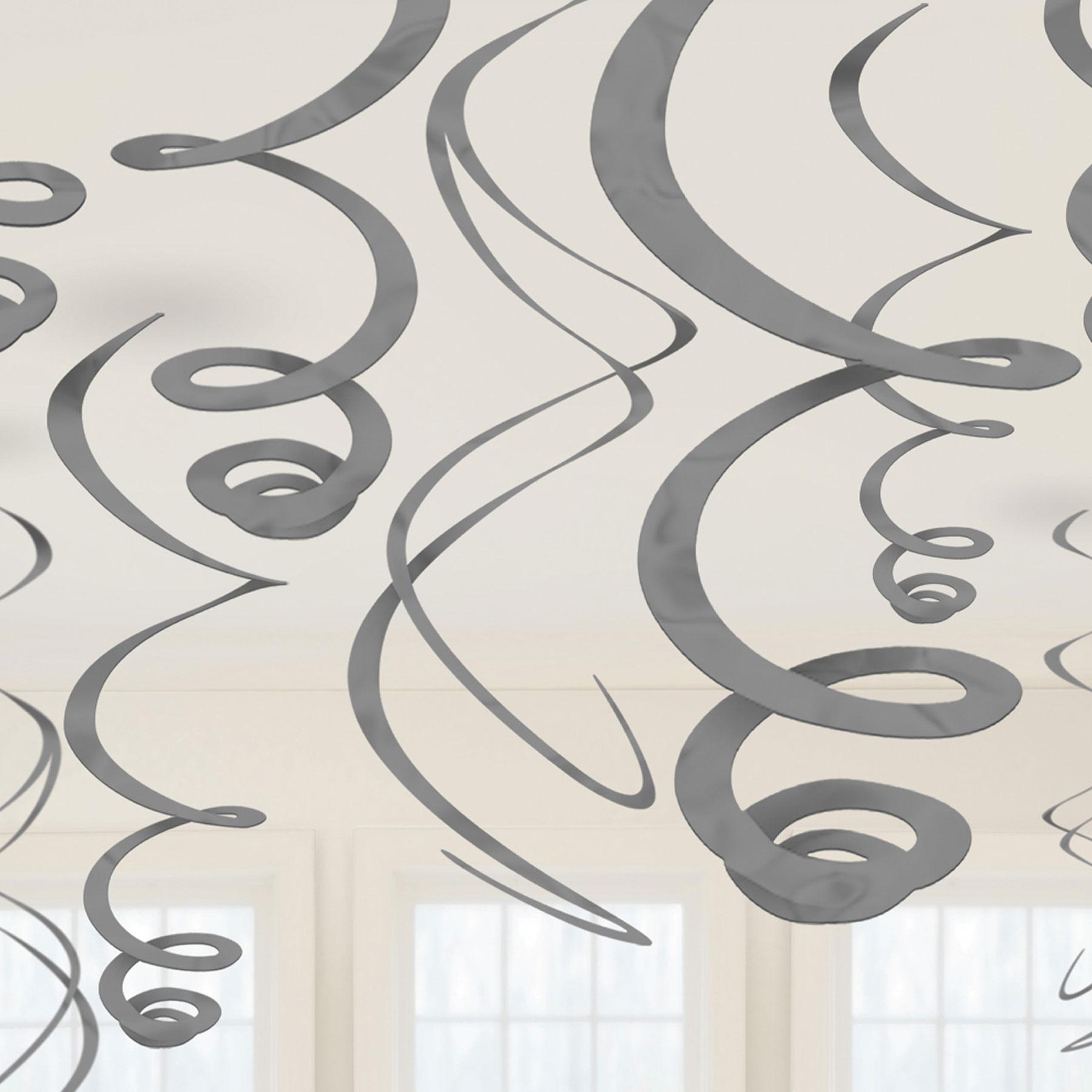 Silver Plastic Swirl Hanging Decorations 22in 12pcs Decorations - Party Centre