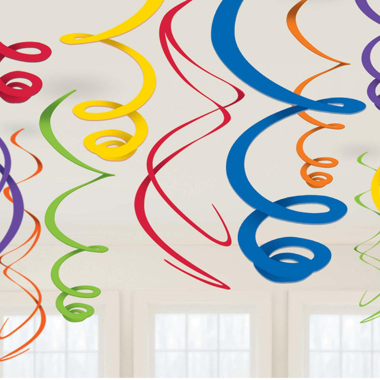 Plastic Swirl Decoration Primary Multi 12pcs Decorations - Party Centre