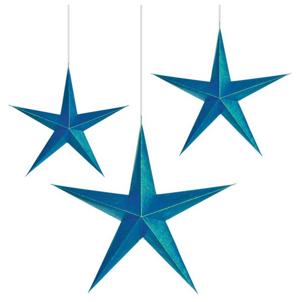 Sparkling Sapphire Hanging 3D Paper Stars 3pcs Decorations - Party Centre
