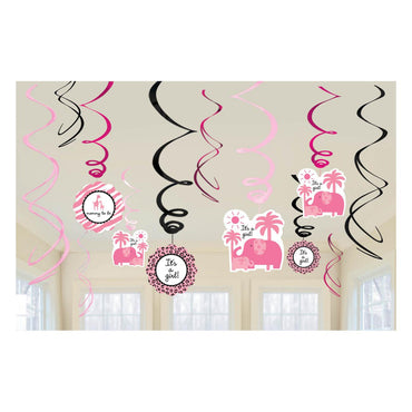 Sweet Safari Girl Baby Swirl Decorations 24in, 12pcs Decorations - Party Centre