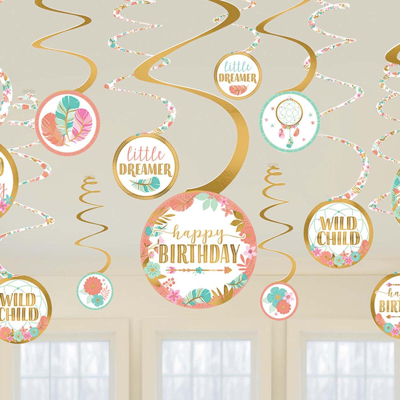 Boho Birthday Girl Swirl Decorations 12pcs Decorations - Party Centre
