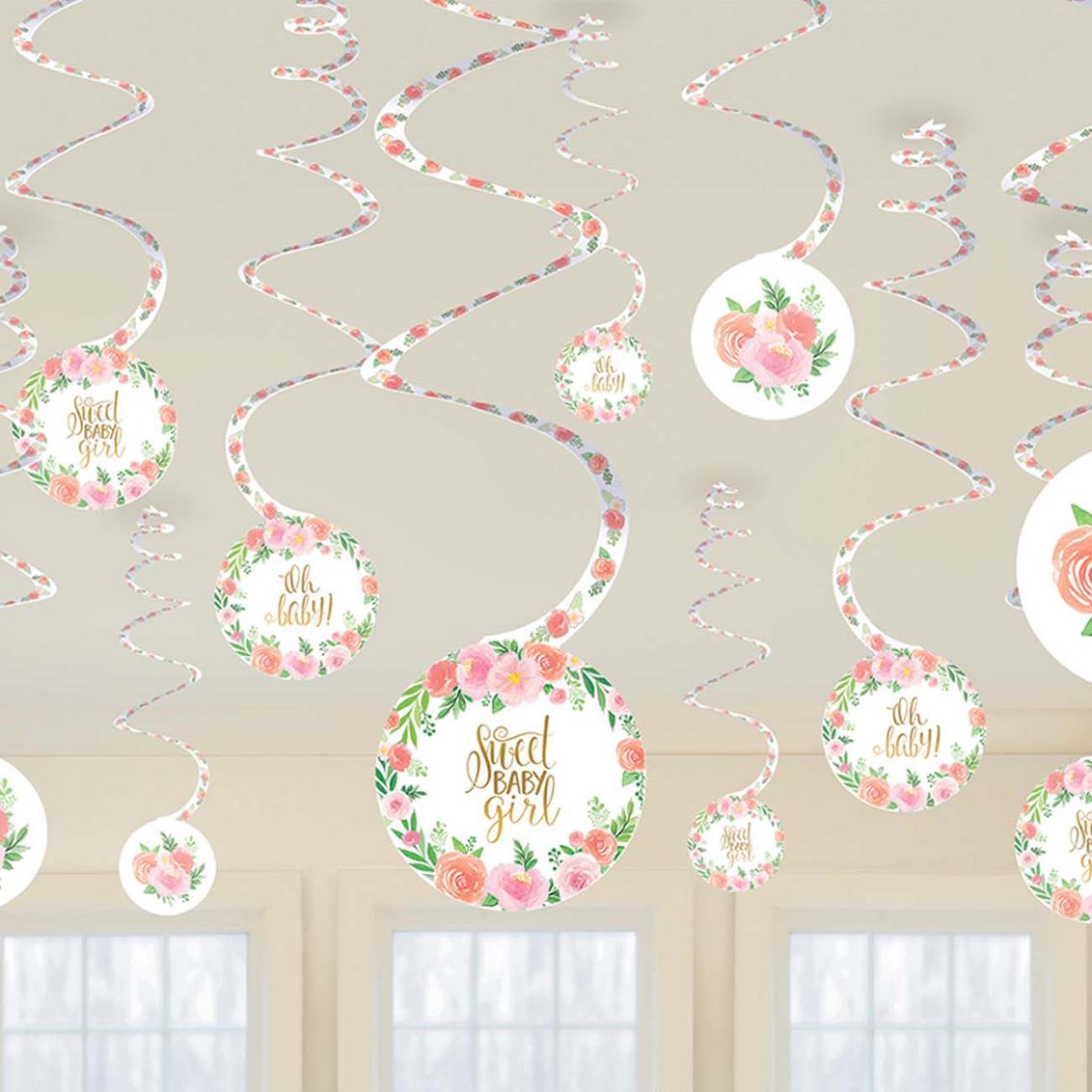 Floral Baby Girl Swirl Decorations 12pcs Decorations - Party Centre